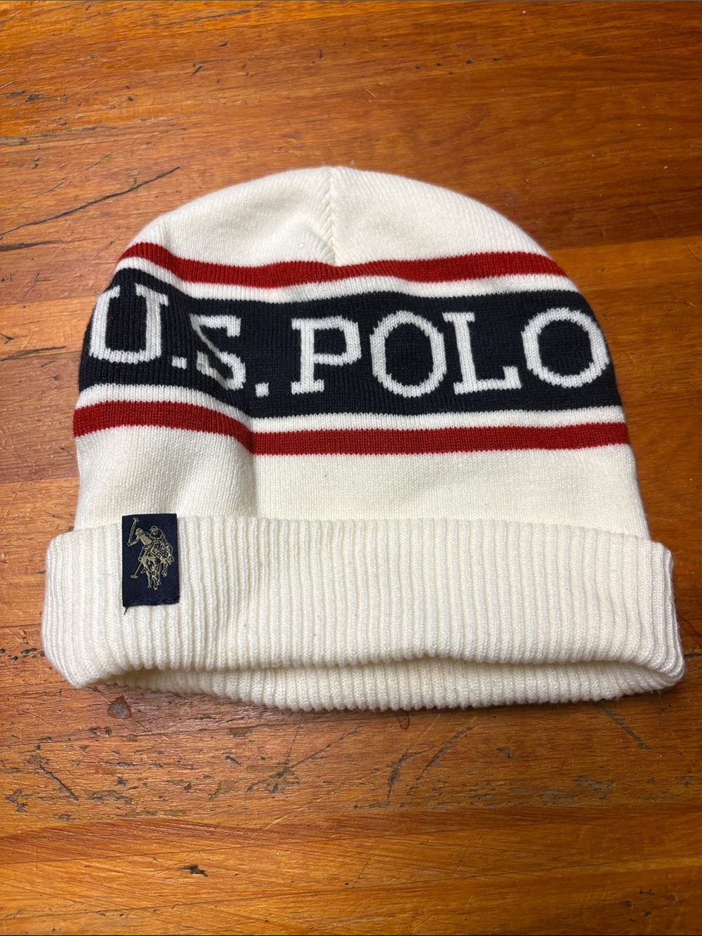 U.S. Polo Assn. Cream Knit Beanie with Navy & Red Logo Band